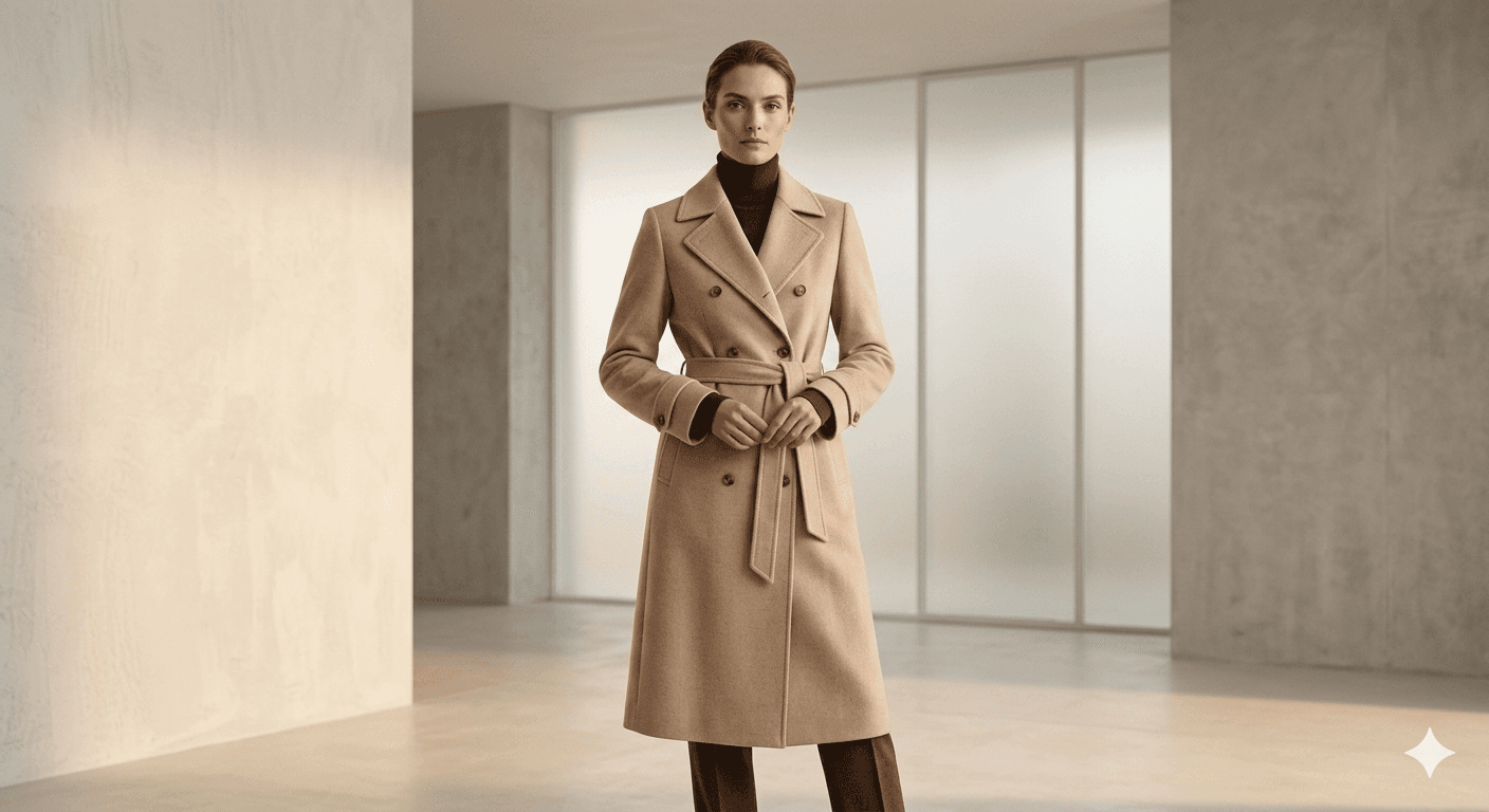 Abrigo clásico de lana color beige estilo elegante Vanguardia