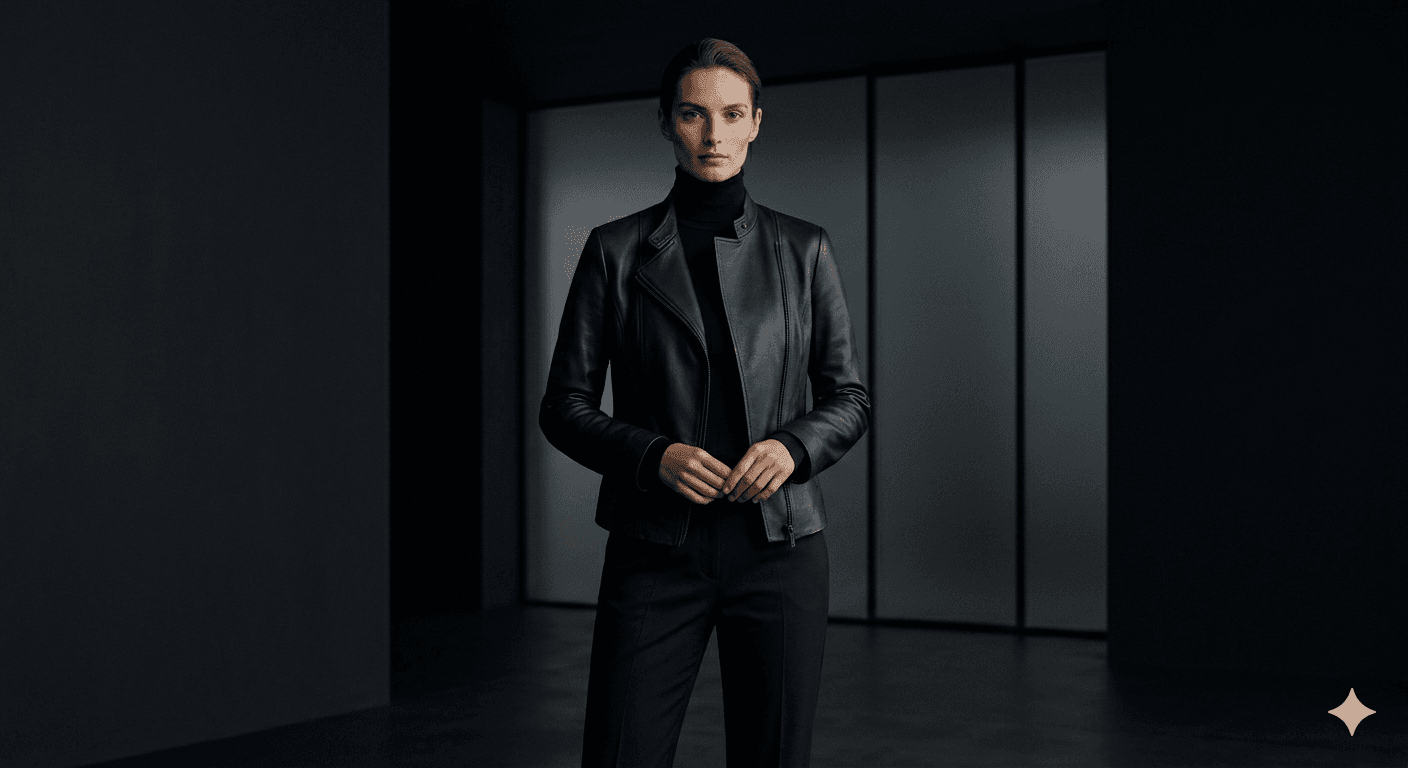 Chaqueta de cuero negra minimalista estilo premium Vanguardia